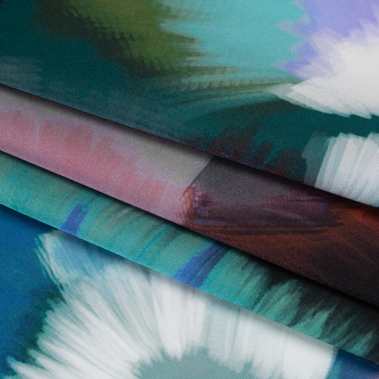 1 Yard Silk Charmeuse Print Fabric with Teal Pink and Blue Painted Bursts 53 Inch Width